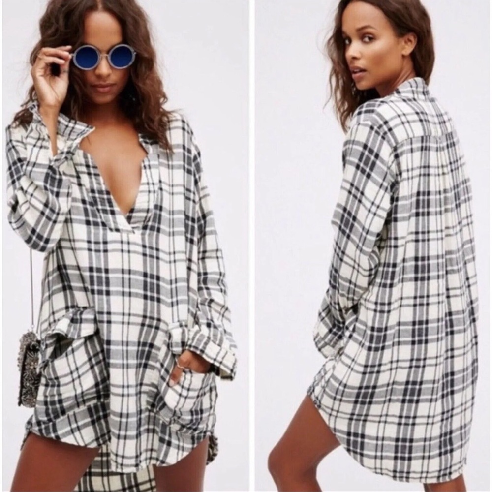 Free People CP Shades black cream plaid king sleeve high low oversized tunic